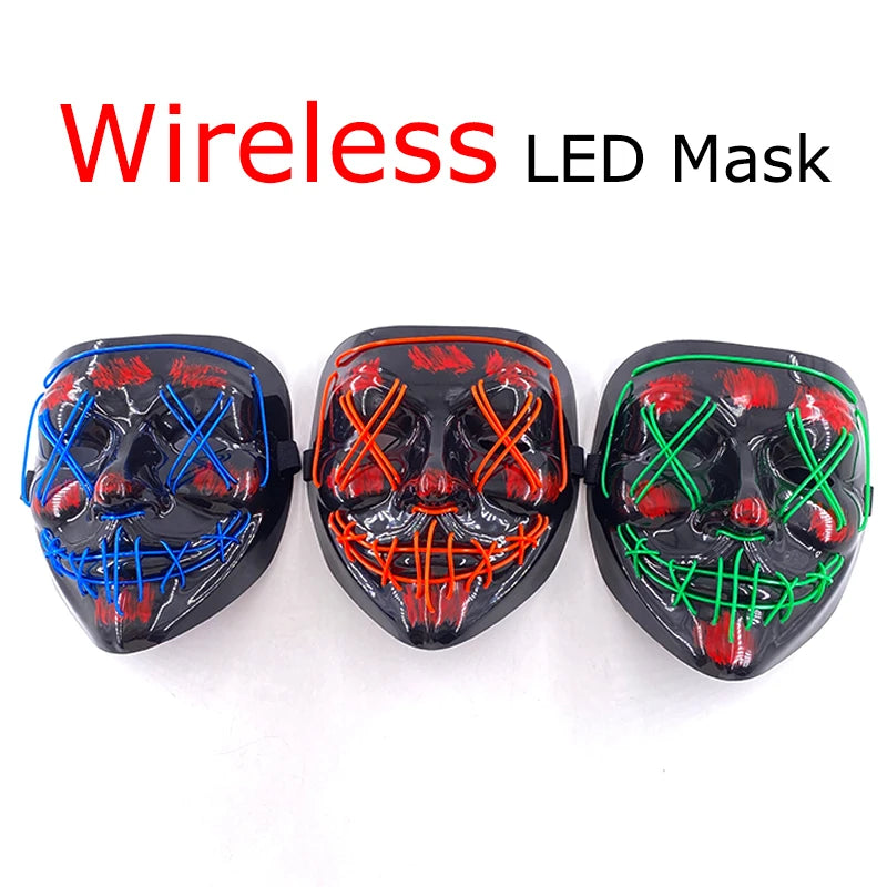 A set of three glow-in-the-dark LED masks featuring skull designs with neon wire details.