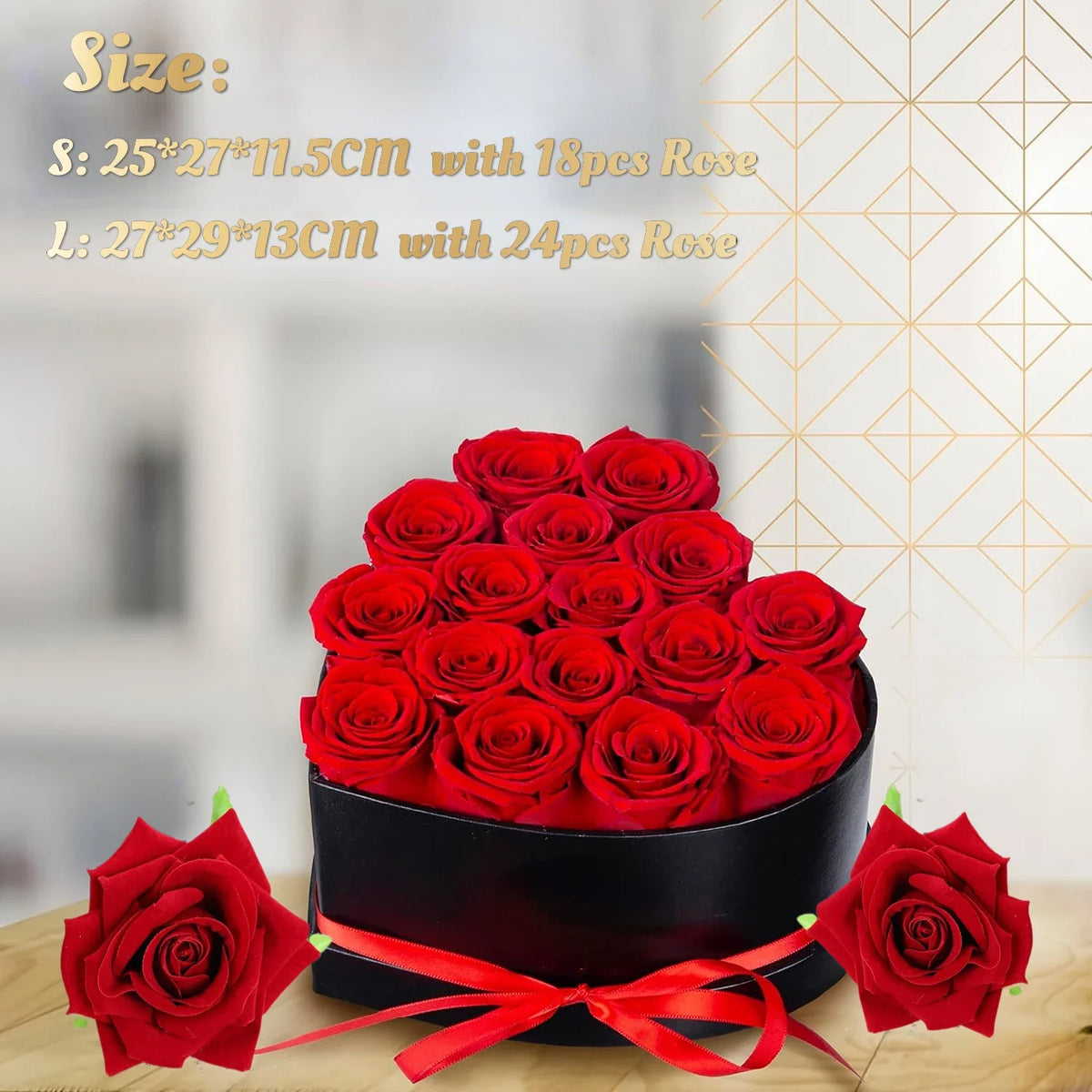 A bouquet of red roses in a black heart-shaped gift box with a red ribbon tied around the base.