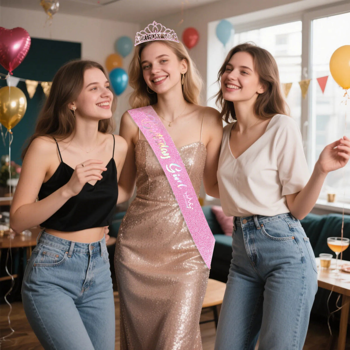 Three young women smiling while posing with a gold sequin birthday dress and crown