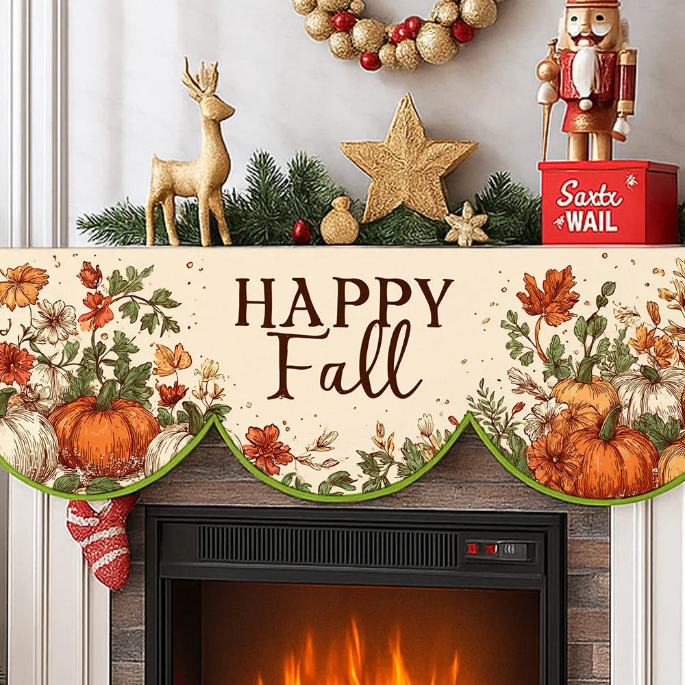 Autumn harvest fireplace mantel scarf featuring maple leaves, pumpkins, deer, and gold stars