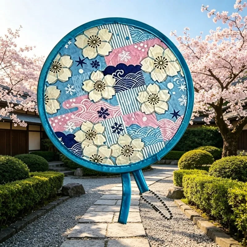A blue floral foldable pocket fan is displayed outdoors in a garden setting with pink cherry blossoms and green shrubs.