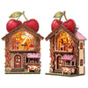 Wooden layered puzzle magnets for decor featuring a detailed apple orchard scene with houses and fruit