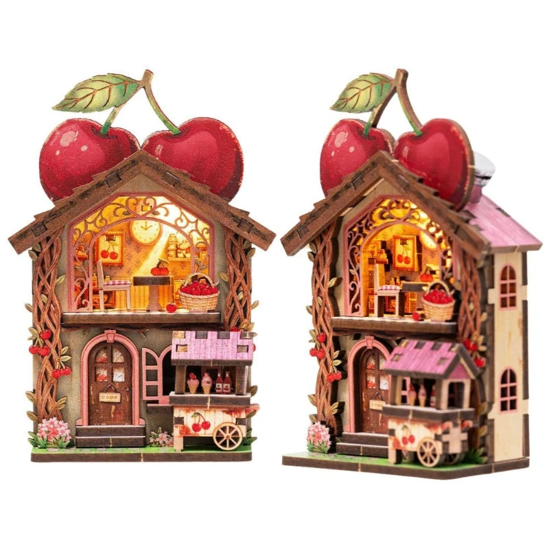 Wooden layered puzzle magnets for decor featuring a detailed apple orchard scene with houses and fruit