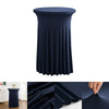 Navy blue stretch spandex cocktail tablecloth with a pleated skirt shown from the side and close-up.