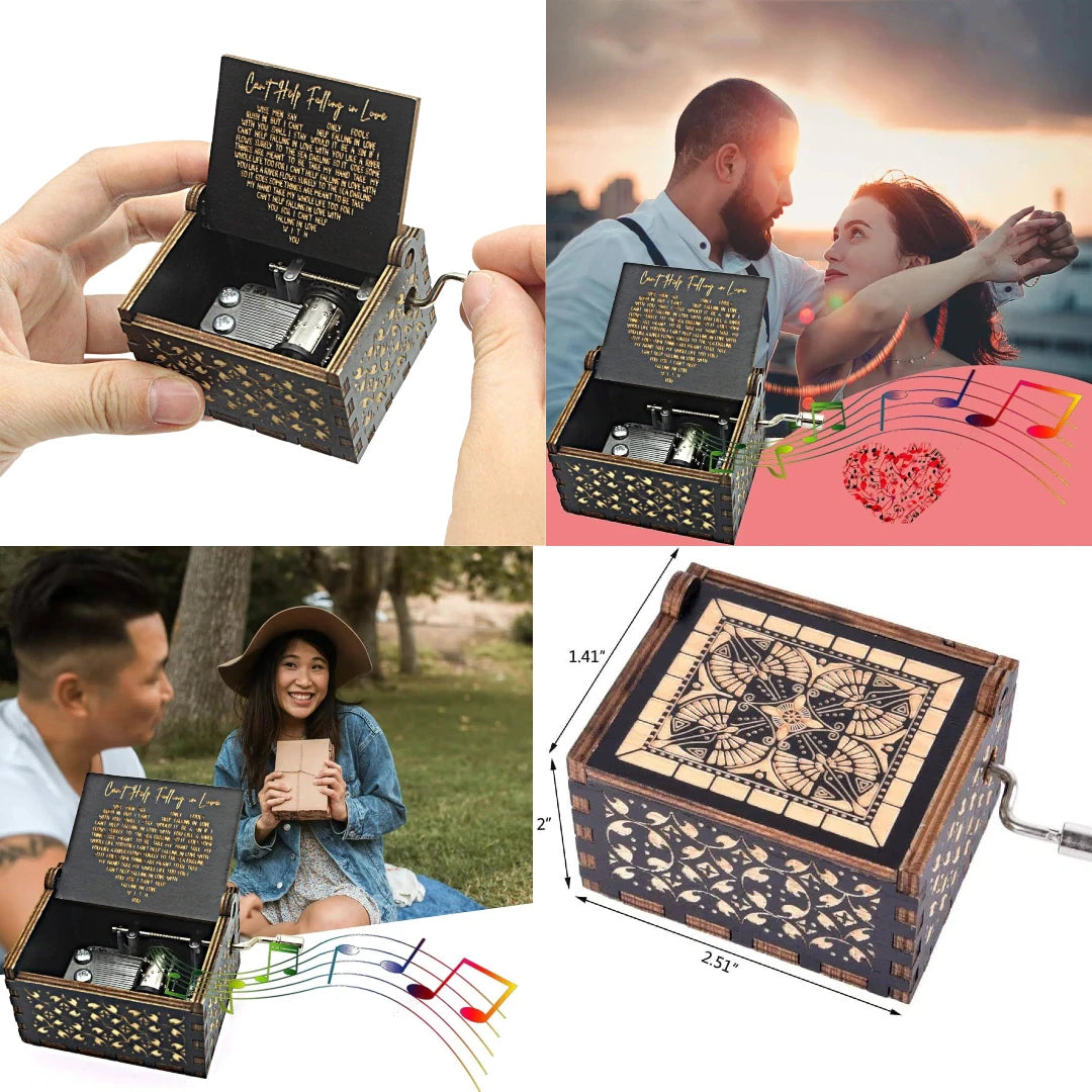 An antique wood music box with an engraved melody is shown open and closed, featuring intricate patterns.