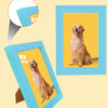 A custom photo frame displaying a golden retriever dog, shown in various angles and mockups.