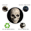 Diagram showing features of a realistic creepy desing skull including clear sight, safe and comfort material, and realistic m