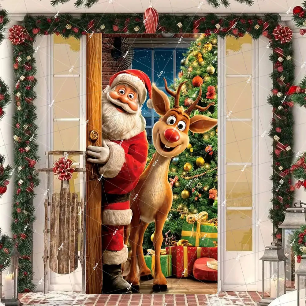 Christmas Santa and Elk door cover banner featuring a festive scene with a reindeer and Santa figures.