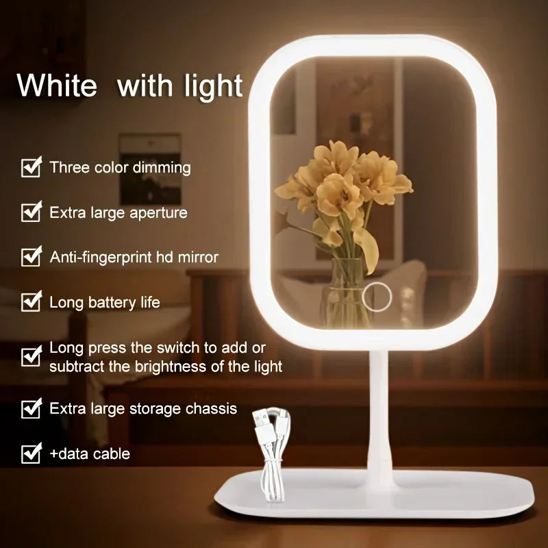 A white LED touch makeup mirror with a round light, featuring features like dimming and an anti-fingerprint mirror.