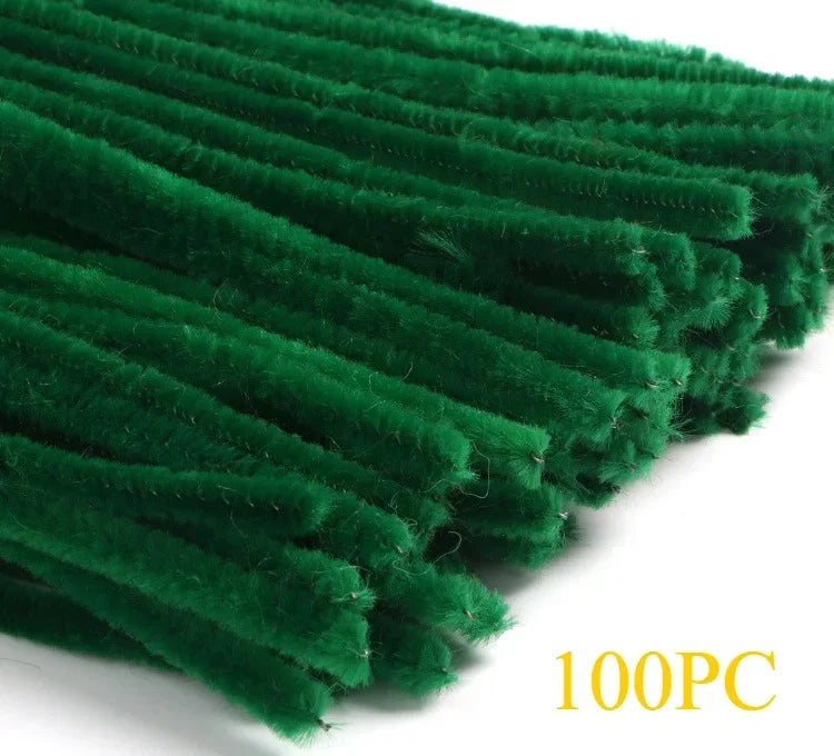 A bundle of green chenille stem pipe cleaners for DIY crafts, shown in a close-up view.