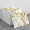 A stack of self-adhesive marble tile stickers featuring a white and gold abstract marble pattern.
