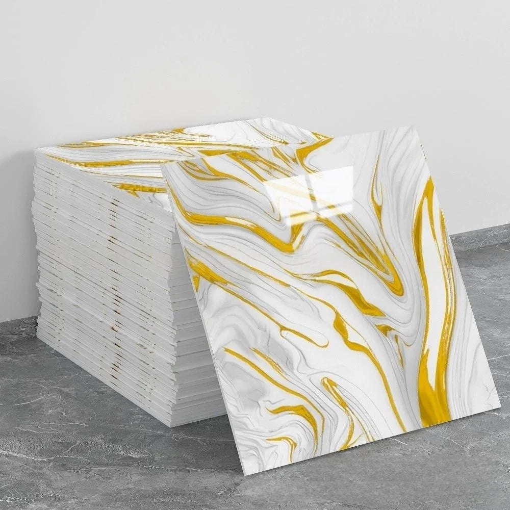 A stack of self-adhesive marble tile stickers featuring a white and gold abstract marble pattern.