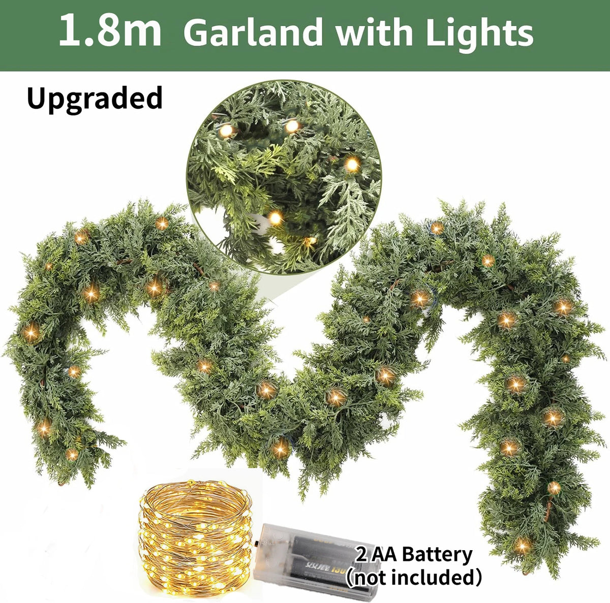 An upgraded 1.8m garland with lights made of cedar branches, shown in a curved shape.
