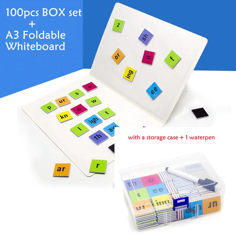 Set of 100 magnetic phonics tiles for sight words and spelling, including an A3 foldable whiteboard and storage case.
