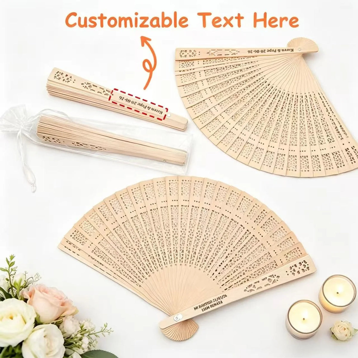 A set of customizable sandalwood folding fans with organza pouches shown alongside a finished fan.