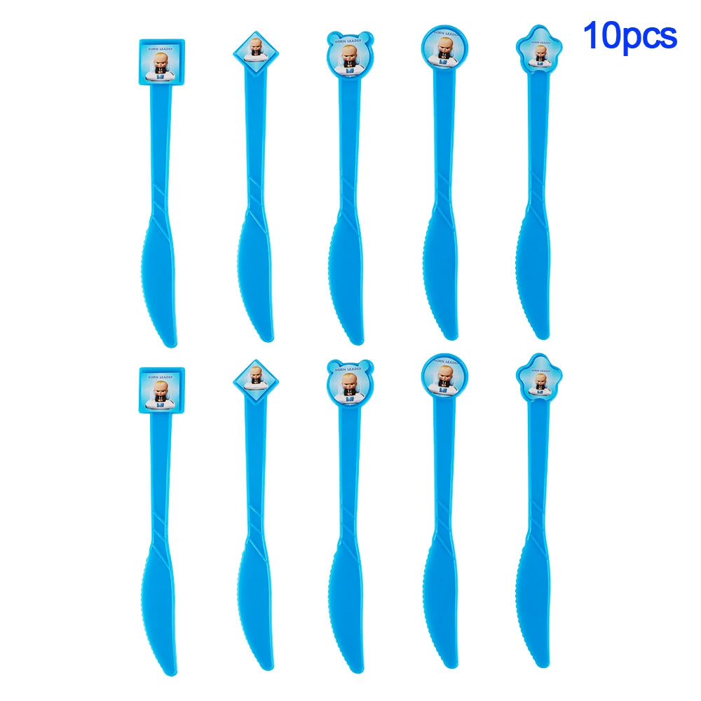 A set of 10 baby boss themed party decorations and disposable tableware featuring blue and light blue elements.