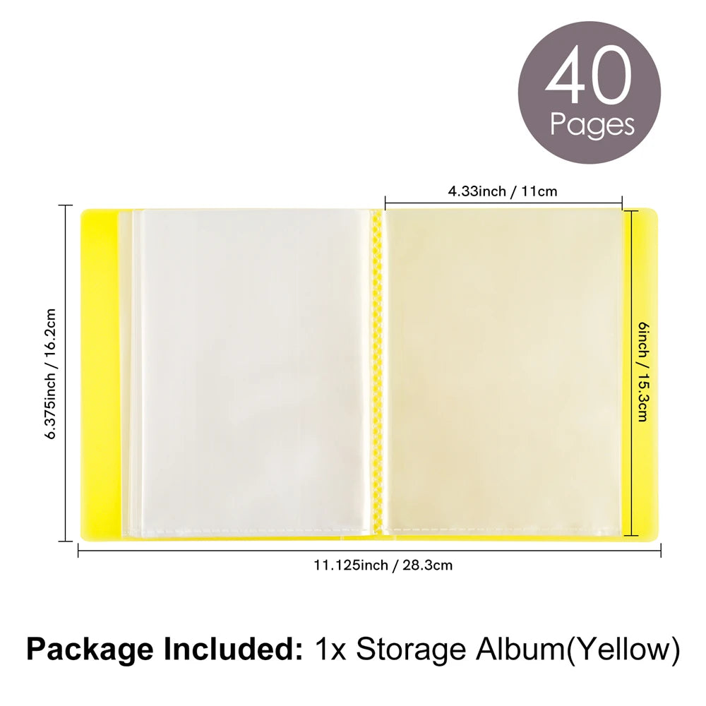 A yellow storage album with 40 pages is shown, featuring clear plastic covers and a yellow border.