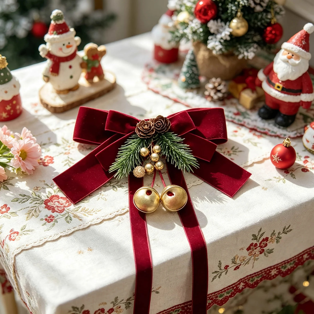 Festive Christmas curtain tie-backs with red bows and pinecones displayed on a white tablecloth.