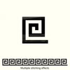 A black and white geometric design featuring a swirling corner pattern.