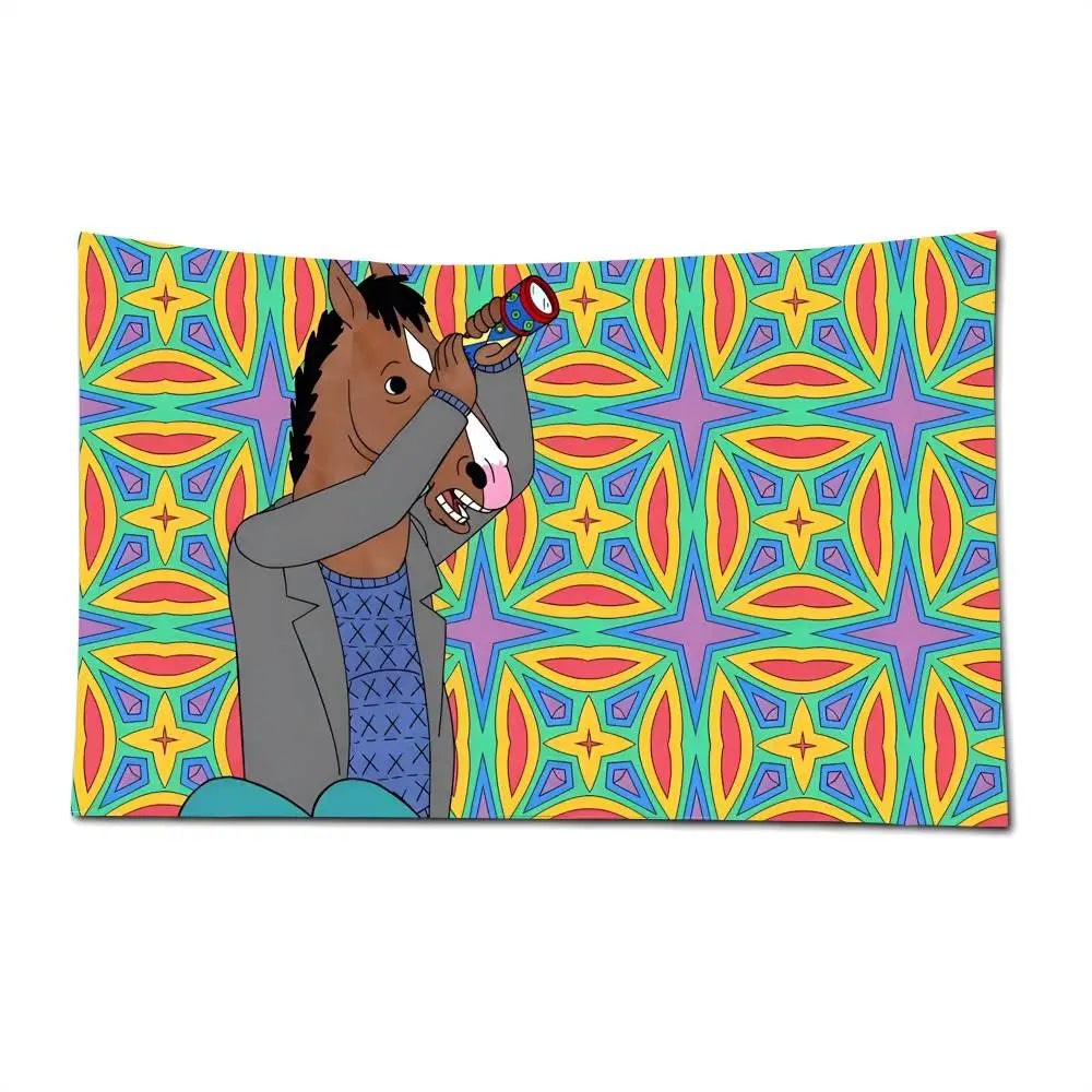A cartoon horse character is depicted on a colorful flag banner design.