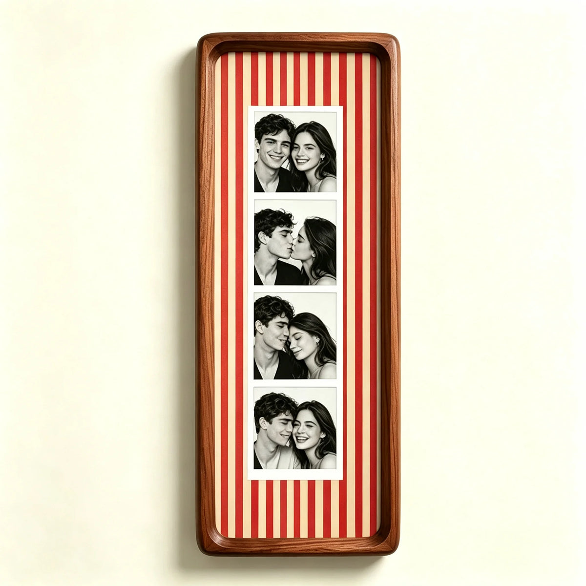 A wooden photo strip frame with a red and white striped background displaying several close-up couple photos.