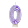 A purple sparkling number zero candle decorated with small purple flowers.