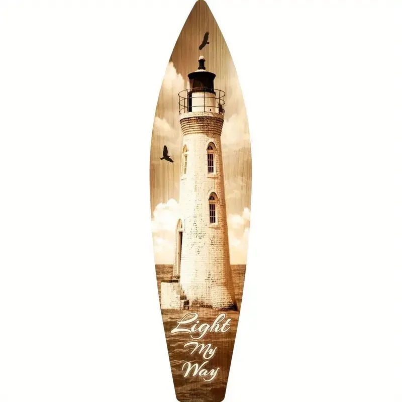 Wooden wall decor sign featuring a lighthouse silhouette against a sunset background.