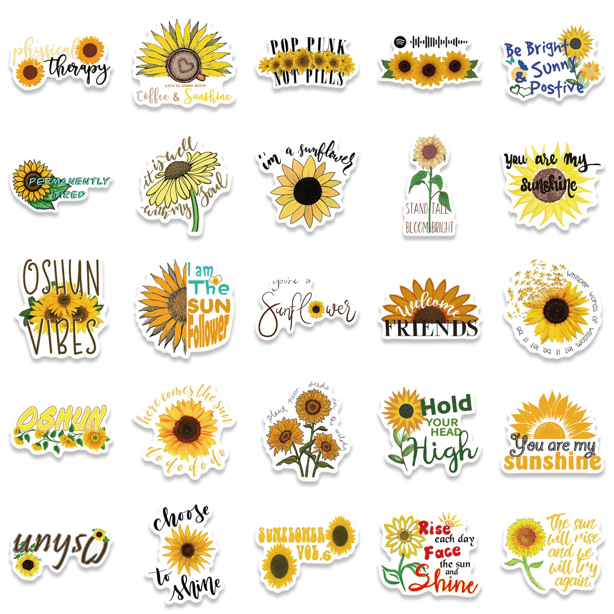 Eine Sammlung von Sonnenblumen-Stickers mit inspirierenden Phrasen und Designs zum Scrapbooking
