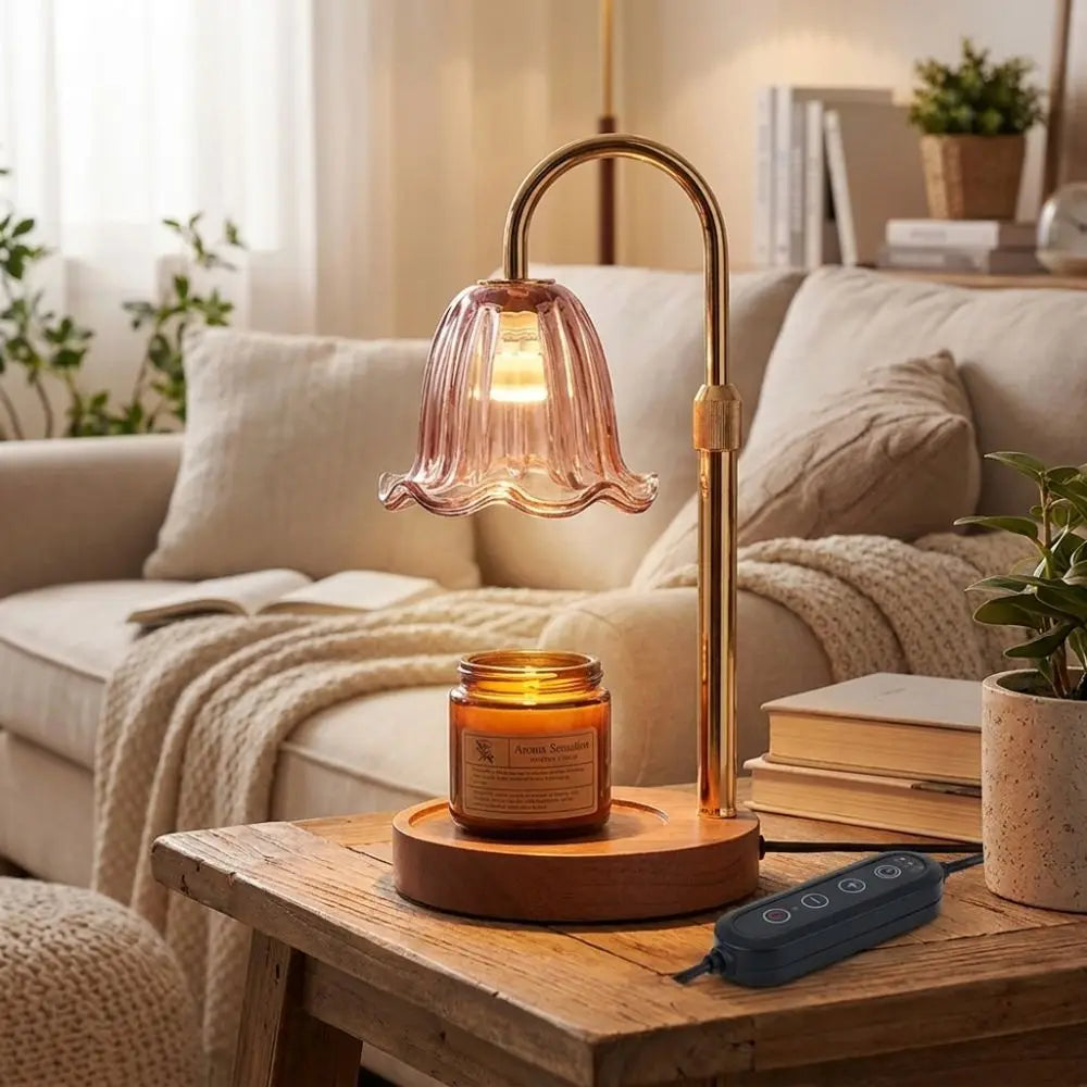Vintage-Aromatherapie-Warmer mit Glasdiffusor auf Holztable next to a small blue dish