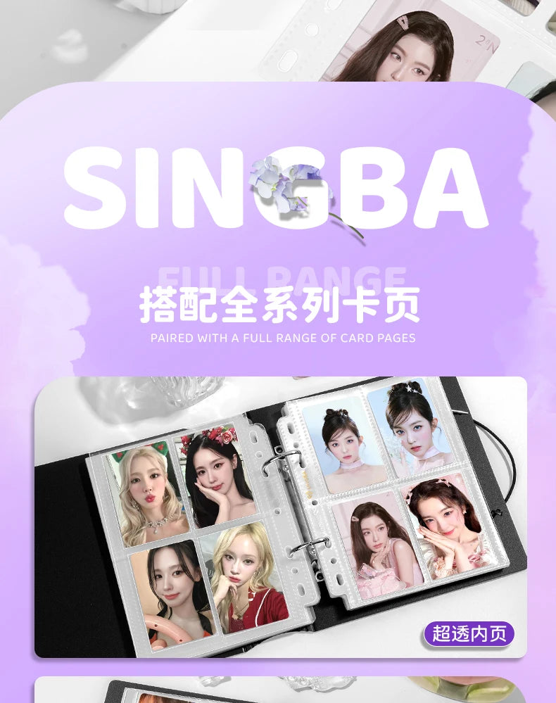 A promotional image for SINBA card pages paired with a full range of card pages in an A5/A4 ring binder.
