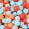 A close-up view of a 50-pack of colorful, glossy plastic balls in shades of orange, pink, white, and light blue.