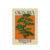 Minimalist Japanese style art featuring a green pine tree silhouette on an orange background with the text OKINAWA and SITE-S