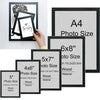 A set of black wooden picture frames in various sizes, including A4, 6x8 inch, 5x7 inch, and 4x6 inch.
