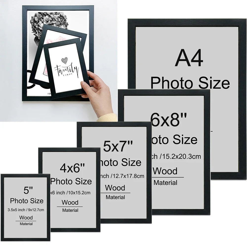 A set of black wooden picture frames in various sizes, including A4, 6x8 inch, 5x7 inch, and 4x6 inch.