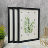 A set of three black wooden photo frames with white mats displaying a green palm leaf illustration.