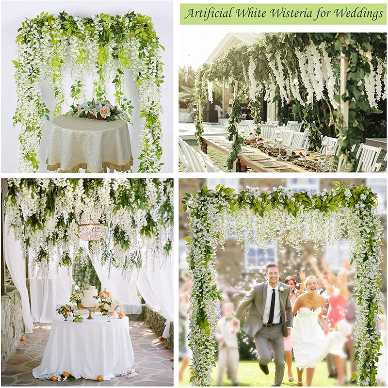 Guirlande de fleurs de wisteria blanches artificielles utilisée comme arche de mariage et décoration.