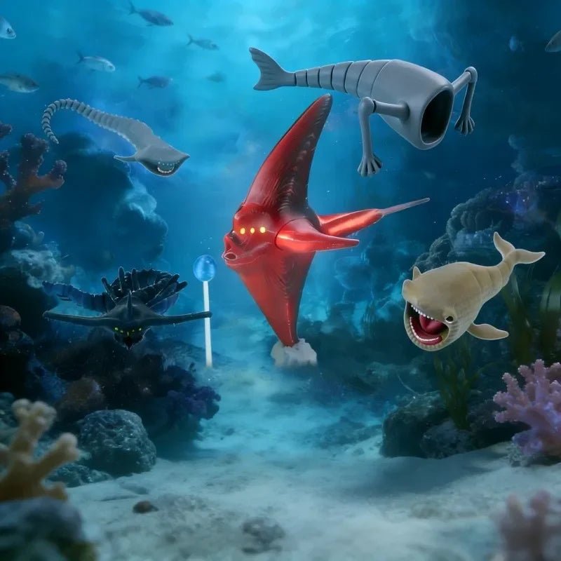 A vibrant underwater scene featuring various sea monsters and fish, including a large red creature and a gray marine reptile.
