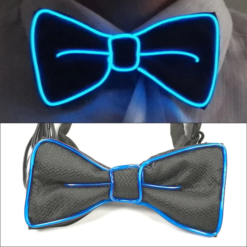 A black bow tie accessory made of mesh fabric with blue LED wire accents.