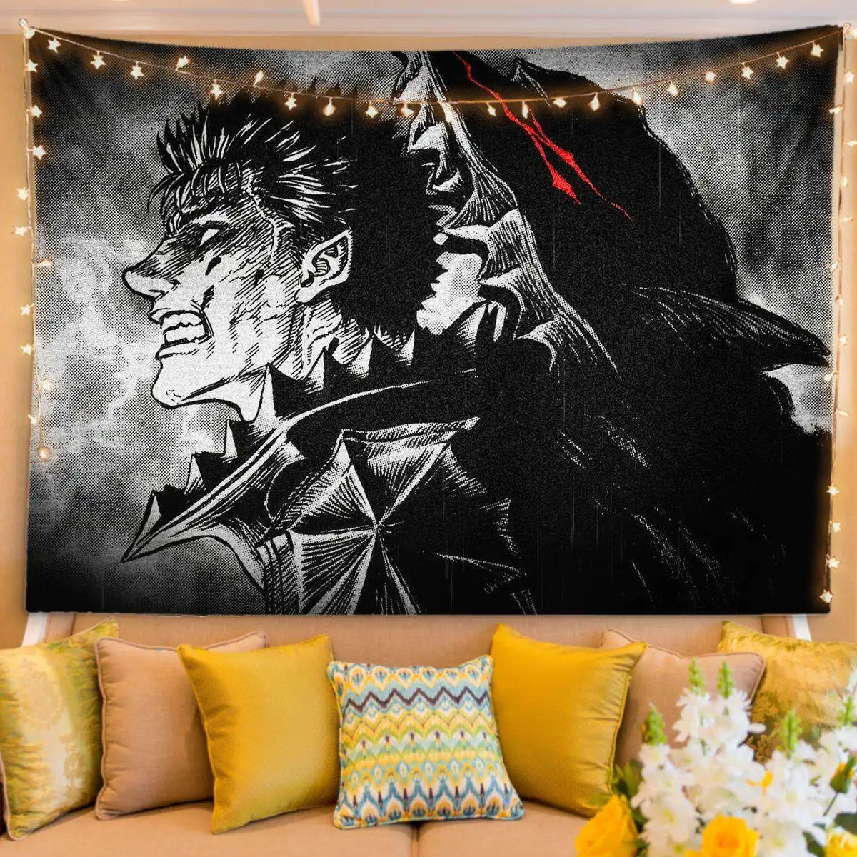 A black and white manga art tapestry featuring a fierce character with dark wings, displayed on a sofa.