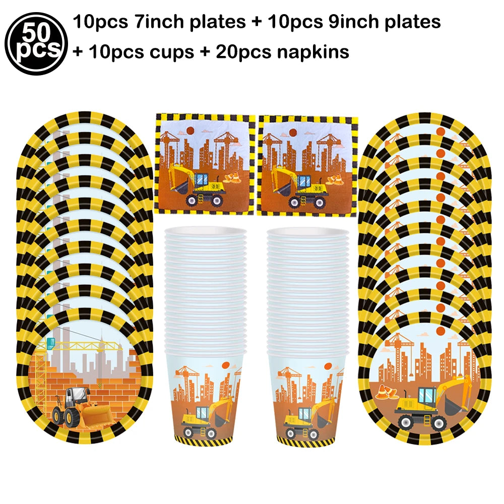 A set of construction vehicle themed plates, cups, and napkins for a birthday party.