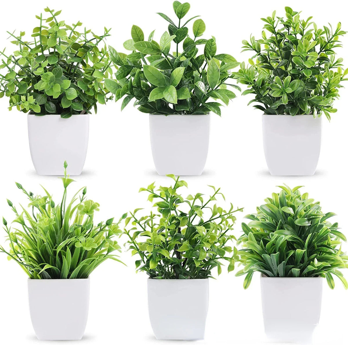 Four potted artificial bonsai plants with green eucalyptus leaves in white pots.