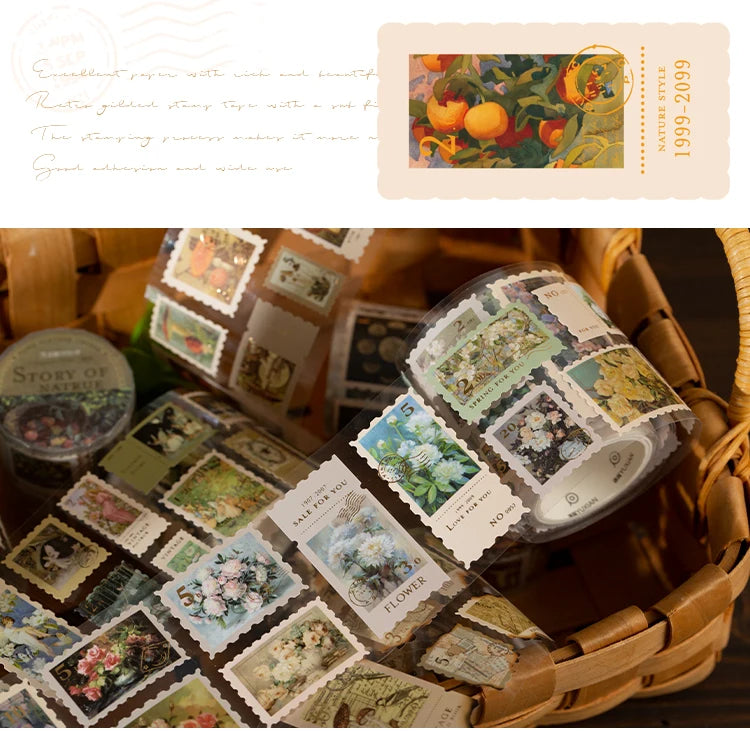 A variety of decorative floral and nature themed washi tape rolls are displayed in a woven basket.