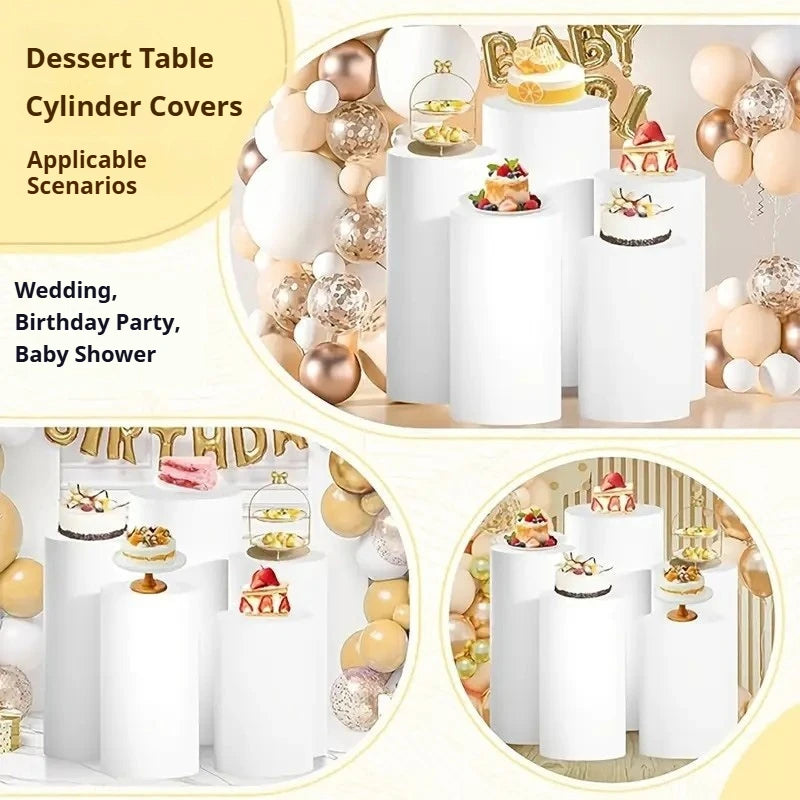 White elastic cylinder stand covers used for wedding, birthday party, and baby shower decor