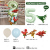 Ein Set grüner und roter Dinosaurierballons, darunter ein großer Ballon mit der Zahl 5 und kleine Dinosaurierformen.