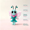 A light teal plush butterfly doll with large eyes and pink accents, designed for play and display.