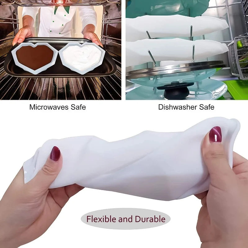 A flexible white silicone mold is shown being held by a hand, demonstrating its durability.