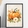 An oil painting of an orange pumpkin surrounded by autumn foliage and flowers, framed in black.