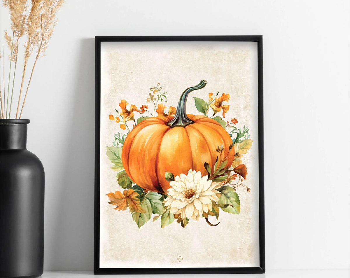 An oil painting of an orange pumpkin surrounded by autumn foliage and flowers, framed in black.