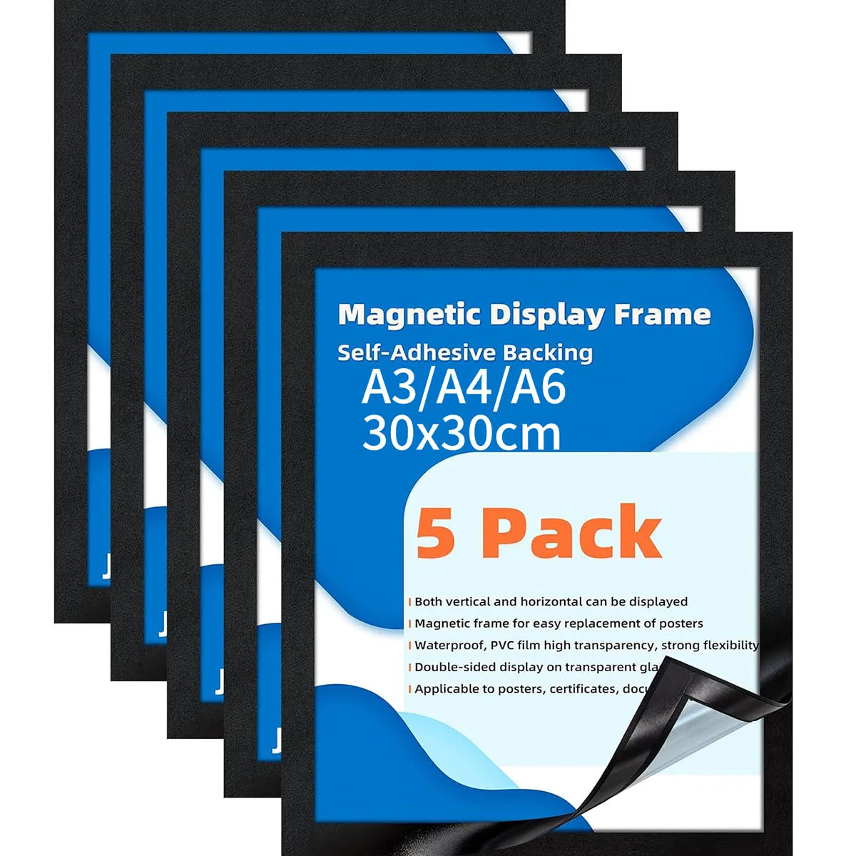A stack of five magnetic display frames in black and blue for posters and certificates