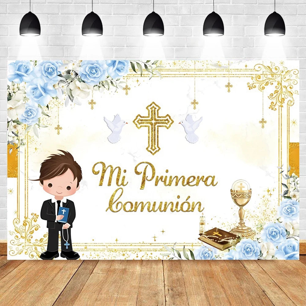 A faith-themed backdrop featuring gold accents, blue roses, and a cross for a baptism or communion celebration.